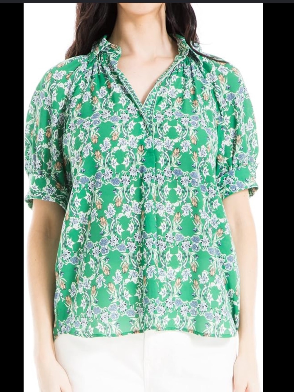 Max Studio Green Floral Short-Sleeve Collared Blouse